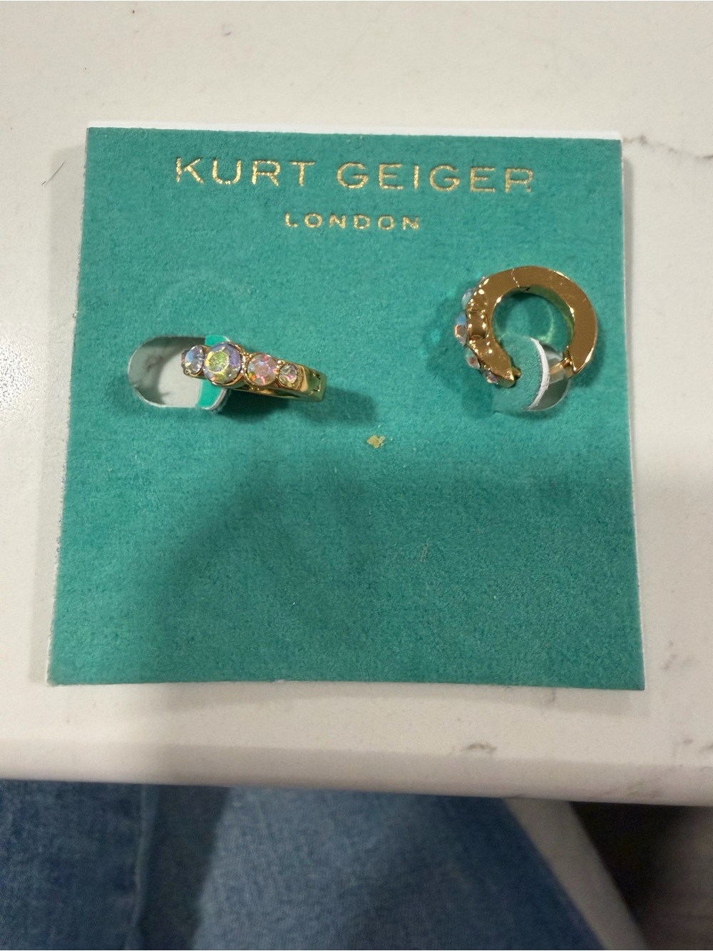 Kurt Geiger Gold Crystal Huggie Earrings with Iridescent Stones